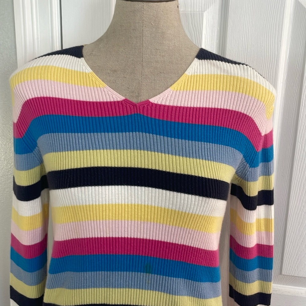 Vintage Y2K striped long sleeve sweater V-neck 100% cotton V-neck size M - Picture 2 of 9